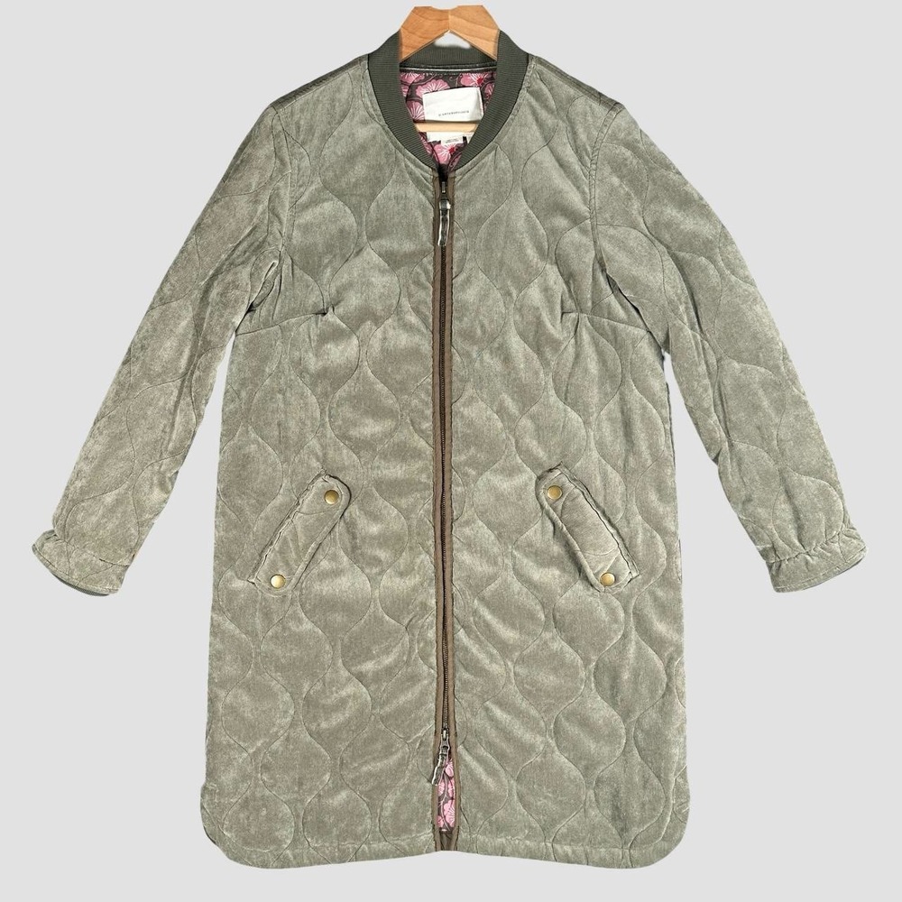 Anthropologie Quilted Corduroy Longline Jacket S Moss Green Floral Lined Boho